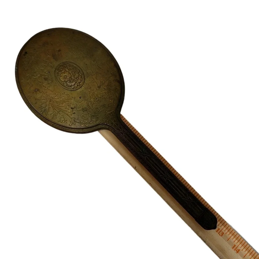 Vintage‎ Brass Floral Hand Mirror Etched Gold Tone Regency Vanity Decor 13 inch